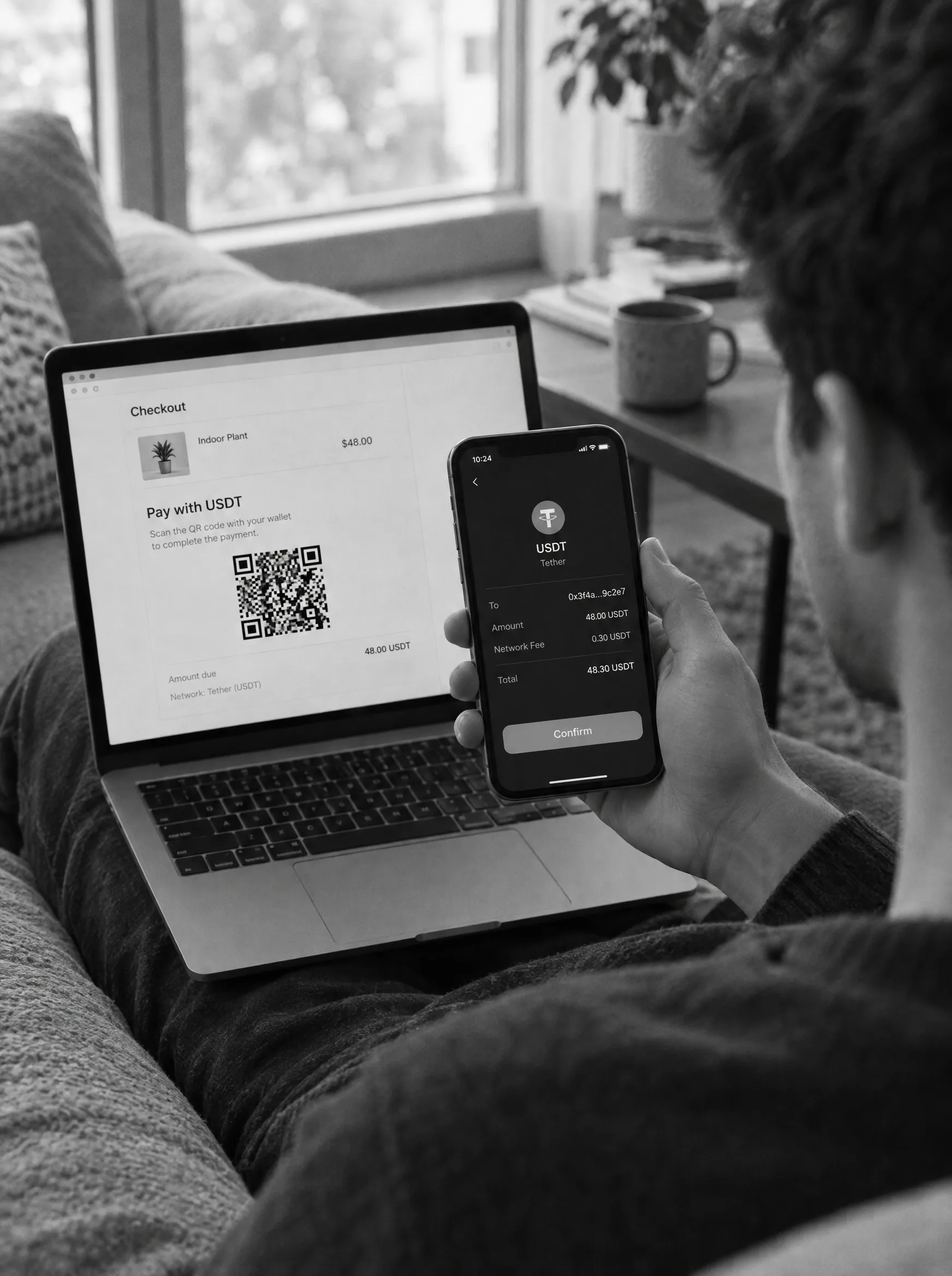 A shopper scanning a laptop checkout QR code with his phone