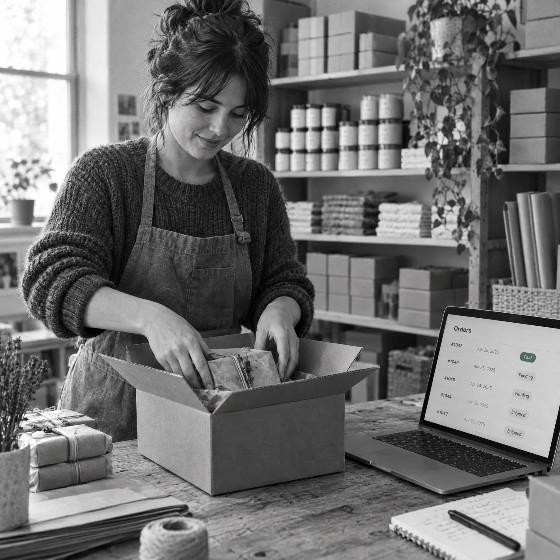 An online store owner packing a paid order next to her laptop